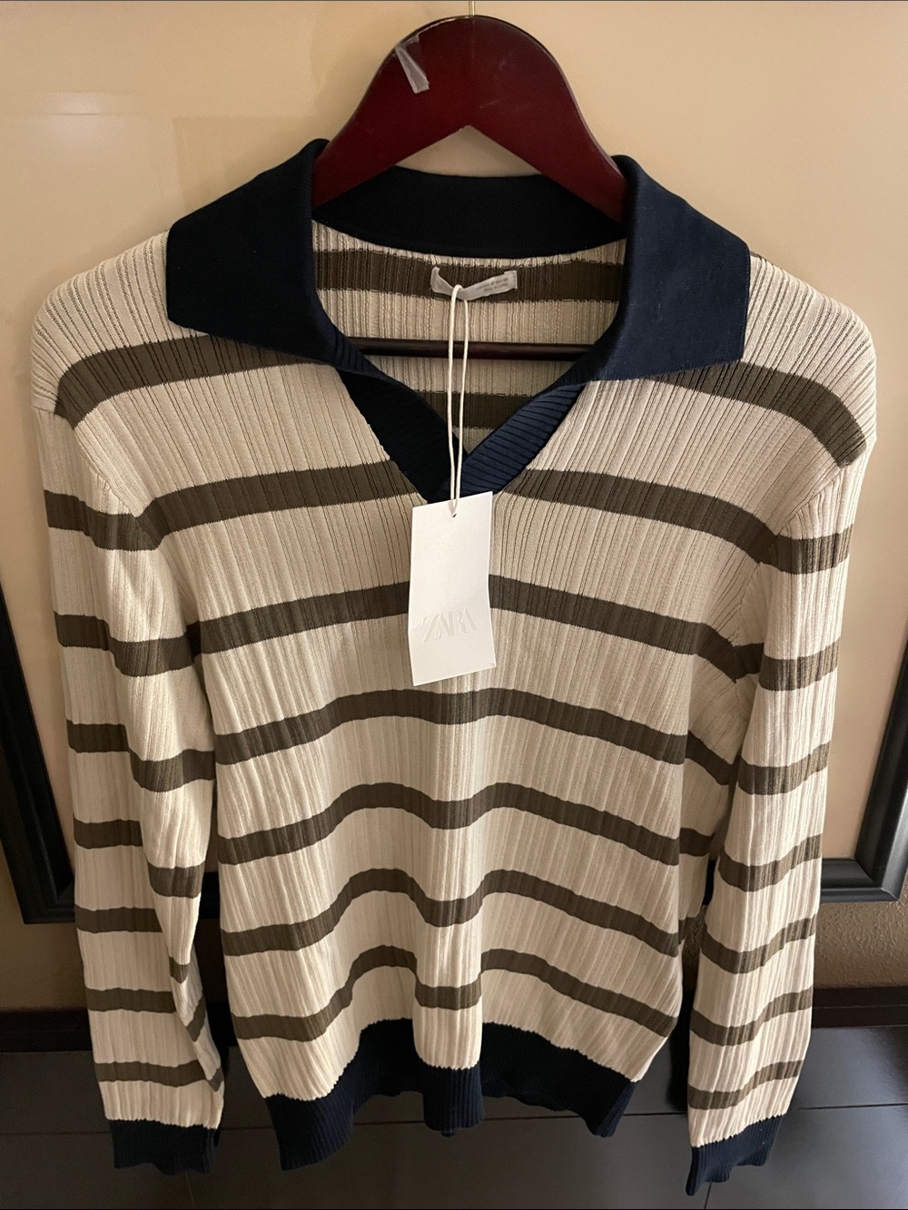 Zara Cream and Olive Striped V-Neck Sweater with Black Collar